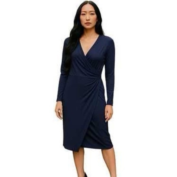ModCloth‎ Womens 1X Black Long Sleeve Faux Wrap Midi Dress Chic Elegant Workwear - Picture 1 of 9